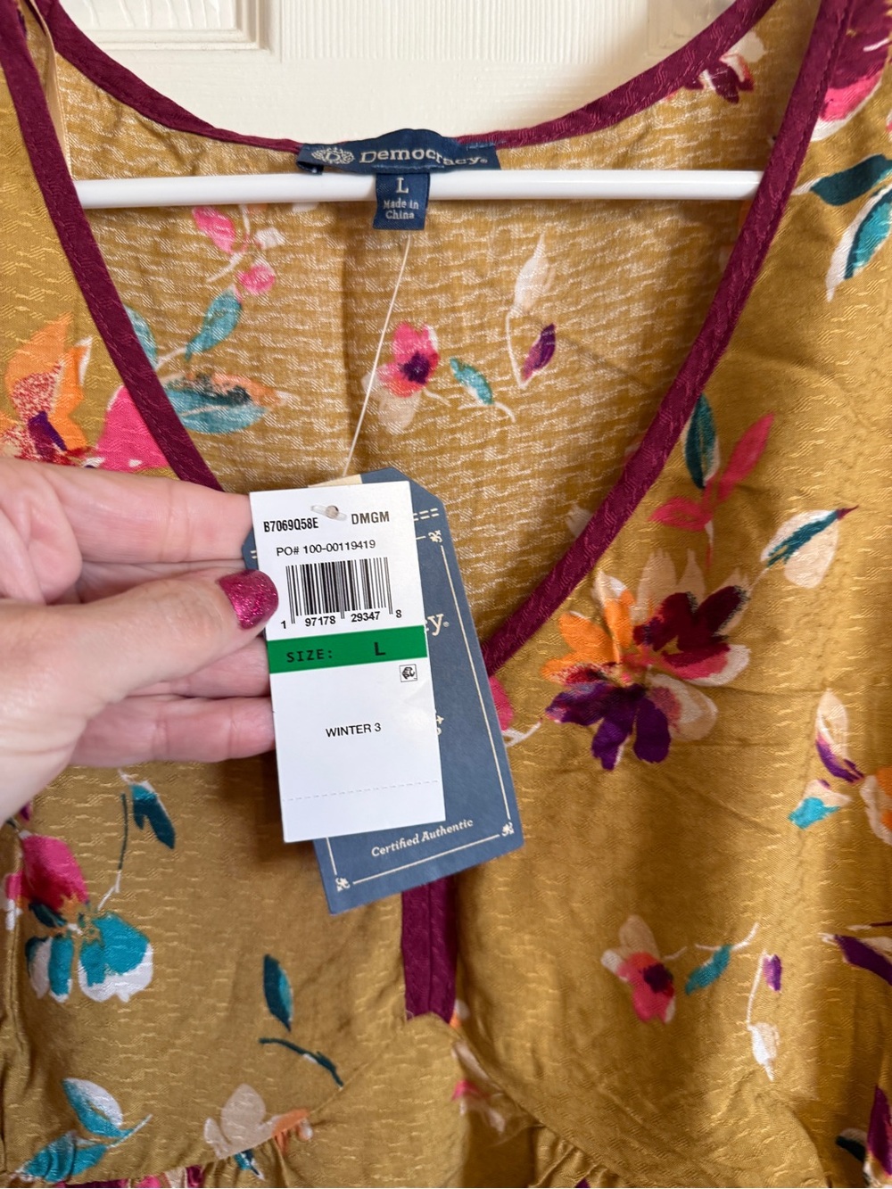 Democracy Mustard Floral V-Neck Peasant Top with Multicolor Striped Trim - Picture 3 of 3